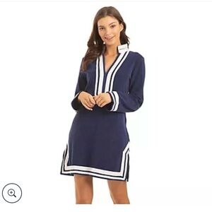 Cabana Life Navy Blue Terry Tunic Dress with White Trim size S - Great Condition